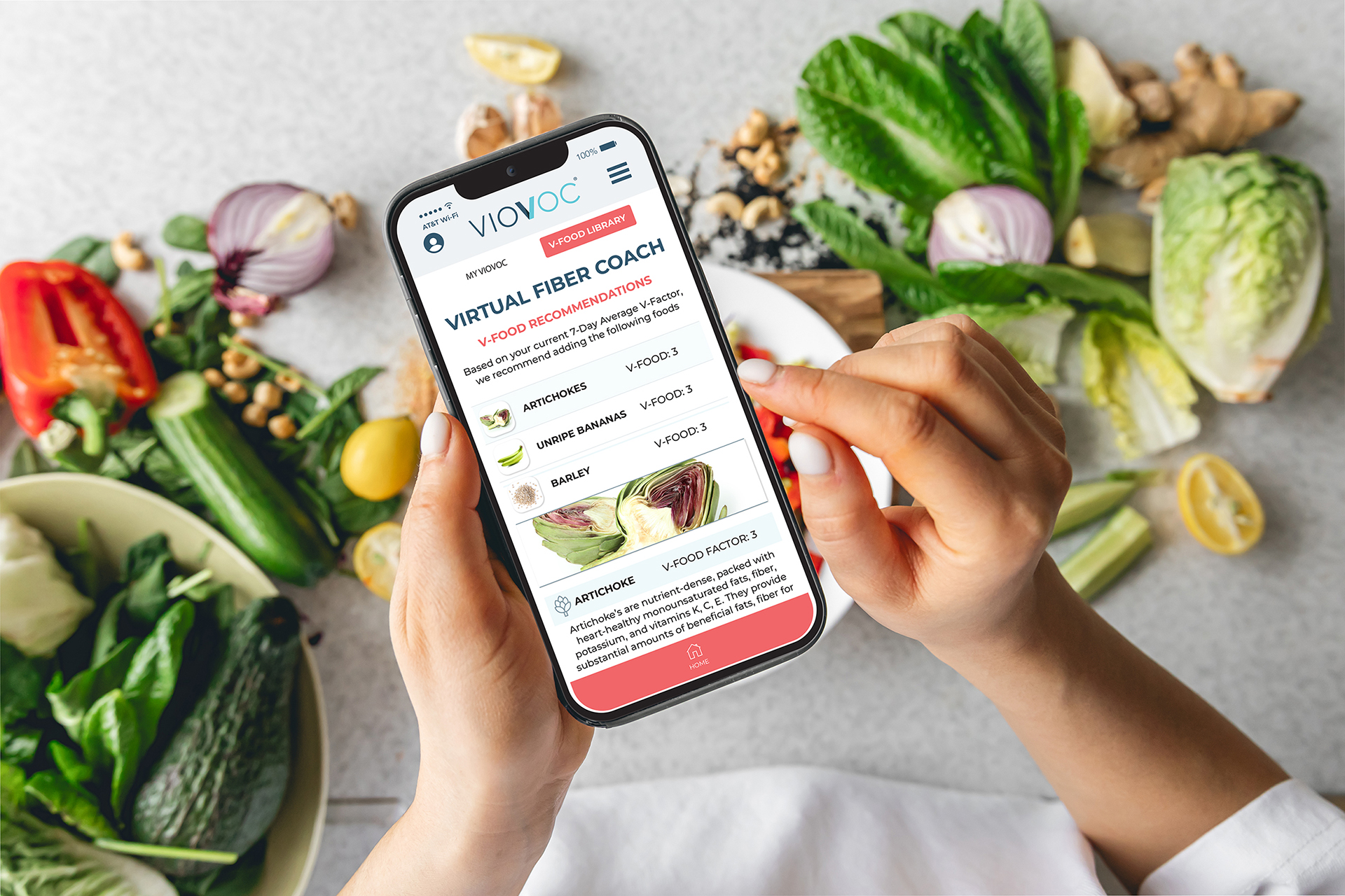 VIOVOC Virtual Fiber Coach app showing avocado food guidance