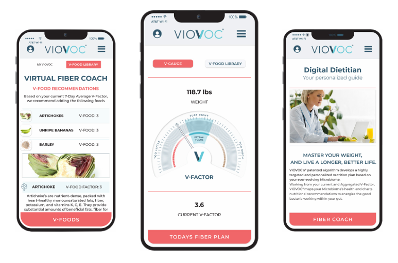 VIOVOC app showing Virtual Fiber Coach, V-Factor gauge, and Digital Dietitian screens